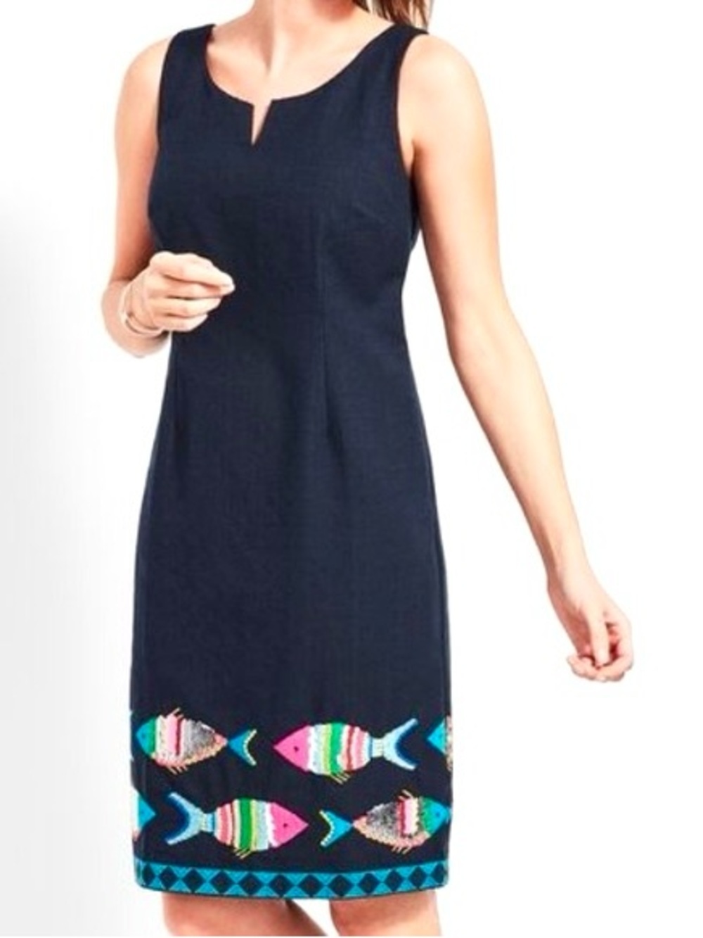 Talbots Navy Sleeveless Sheath Dress Size 6P Colorful Fish Embroidery Sequins